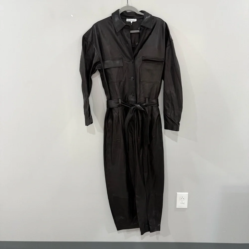 Frame Jumpsuit Belted Lamb Leather in Black